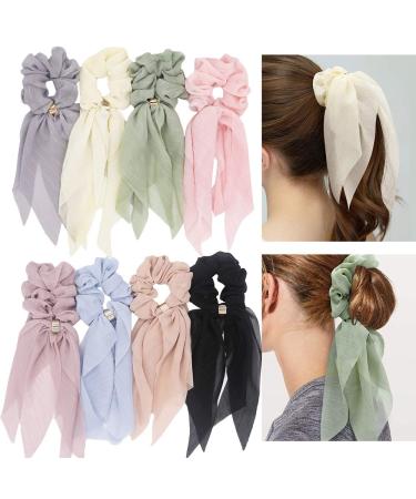 Elegant Scarf Hair Ties for Women Girls, 8 Pcs Double Layer Bow Scrunchies for Hair Cute Bunny Ear Bow Scrunchies with Assorted Colors (8 Pcs Double Layer Scrunchies-A)