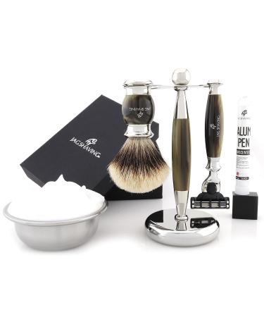 JAG Shaving Razor Set - 3 -part shaving set - Jag's Lee Range - Silberspitz Dachshaar Razor brush - 3 razor blades of shaving plane - shaving rapids - Green Hornimitation Color