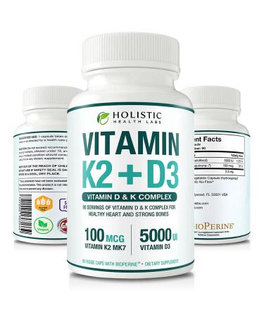 Max Absorption Vitamin K2 + D3 (5000IU) 90 Veggie Capsules from MK-7 (Menaquinone-7) and Cholecalciferol (with BioPerine) 3-Months Supply  D3 with K2 for Healthy Heart and Strong Bones | Non-GMO