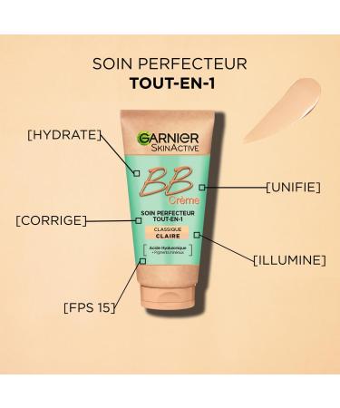 Garnier - BB Cr me Classique - Soin Perfecteur Tout-en-1 Anti-Imperfections - FPS 15 - Enrichi en Acide Hyaluronique & Aloe Vera - Pour Tous Types de Peaux - Teinte : Claire - Skin Active - 50 ml Ancien pack leger - Buy Online on GoSupps.com