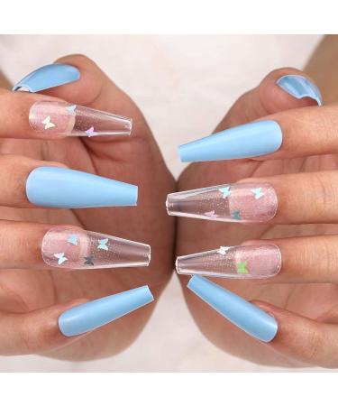 Outyua Butterfly Fake Nails Coffin Glossy Extra Long Blue Press On Nails - 24pcs for Women and Girls - Buy Online on GoSupps.com