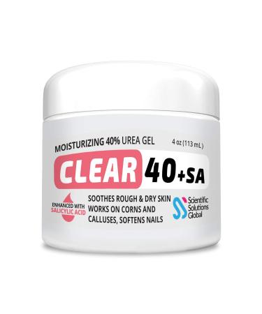 CLEAR 40 +SA  40% Urea Gel + 2% Salicylic Acid  4 oz w/Tea Tree & Coconut Oil  Aloe Vera  Callus & Corn Remover Softens Cracked Heels  Feet  Elbows  Hands  Nails  Superior hydration to Urea Creams 4 Ounce (Pack of 1)