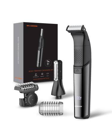 2 in 1 Electric Body Hair Trimmer MAXGROOM Men's Pubic Groin & Ball Hair Trimmer with LCD Display Waterproof Wet& Dry Razor for Men with 2 Different Trimming Heads & Adjustable Guide Comb (Black)