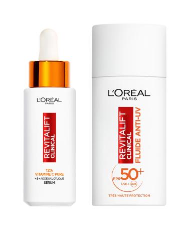 L Or al Paris - Anti-Aging Vitamin C Facial Routine Set - 12% Pure Vitamin C Serum & Anti-UV Sun Fluid SPF 50+ - Anti-Wrinkle - Revitalift Clinical