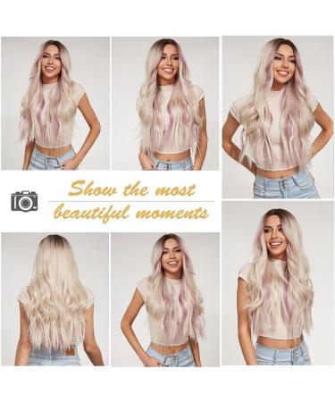 Esmee Long Wavy Blonde Pink Highlight Synthetic Wig - Heat Resistant for Women - Ideal for Daily, Party, Cosplay - Buy Online on GoSupps.com