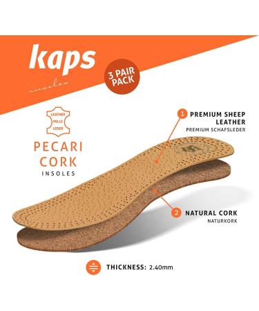 3 Pair Pack Vegetable Tanned Sheepskin Leather & Natural Cork Insoles | Kaps Pecari Cork Set (38 EUR / 7 US Women) - Buy Online on GoSupps.com