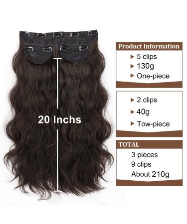 DeeThens 20 Inch Dark Brown Clip-In Wavy Hair Extensions for Women - Thick Synthetic Full Head - 3pcs - Buy Online on GoSupps.com