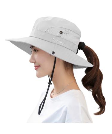 Muryobao Women's Ponytail Sun Hat UV Protection Foldable Mesh Wide Brim Beach Fishing Hat Pure Beige