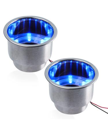 Pebbly Beach 2 PCS Stainless Steel Blue LED Cup Holder Drink Holder Insert with Drain for Marine Boat (Blue) Blue*2