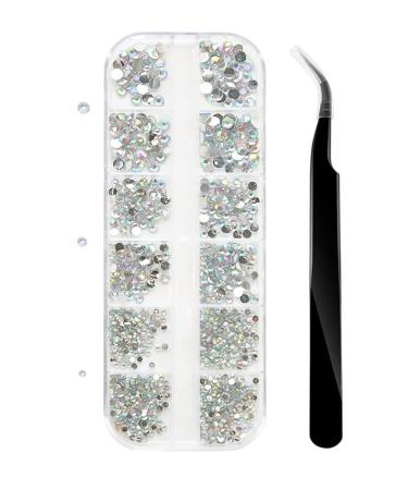 Nail Gems Flat Back Crystal Rhinestones with Pick Up Tweezer for Nail and Face Art Craft Decoration 1500Pcs 3 Sizes White-AB