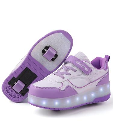 Shoes with roles for girls boys adjustable roller skates shoes retractable sneakers with roles for children led flashing roller skate shoes for outdoor sports 31 EU purple