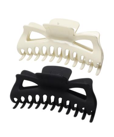 5.5 Inch Large Hair Claw Clips for Women Thick Hair Frosted Black Big Plastic White Hair Clamps Non Slip Hair Clip Hair Accessories Pack of 2 (Color A)