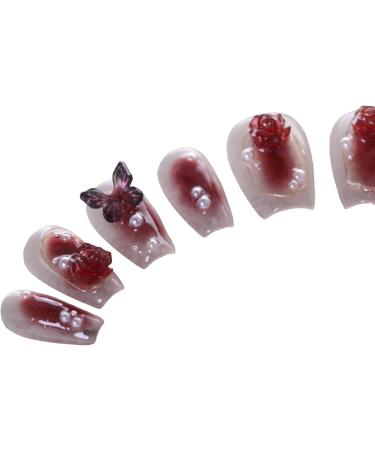 PN-019 Press-On Nails Hand Nails Polished 10 Pieces Reusable Artificial Nails Rose Butterfly Rhinestone Glitter Pink Red - Buy Online on GoSupps.com