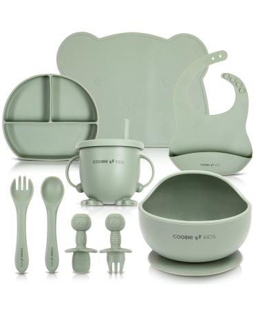 Baby Self Feeding Tableware Set - Divided Suction Plate - Suction Bowl - Sippy Cup - Adjustable Bib - Placemat - Weaning Fork + Spoon + Kids Spoon + Fork Set - Cooshi Kids 9 Piece (Green)
