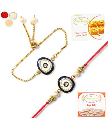 Ghasitaram Gifts Rakhis Online - Rakhi for Brother-RT-Evil Eye Bhaiya Bhabhi Rakhi with 200 GMS of Besan Barfi and 200 GMS of Kaju Katli Rakhi Set with 200 gms of Besan Barfi & Kaju Katli