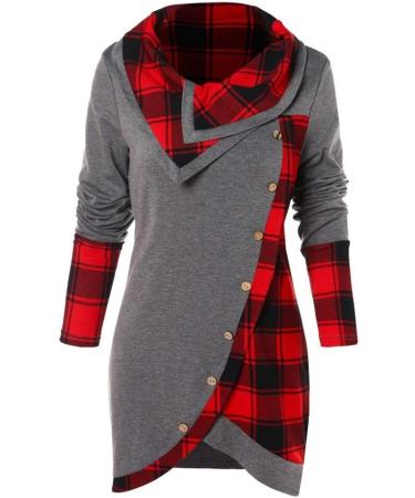 Bigfanshu Women's Plaid Patchwork Sweatshirt Sleeve Irregular Hem Button Tartan Tunic Autumn Winter Pullover Tops Gray - Buy Online on GoSupps.com
