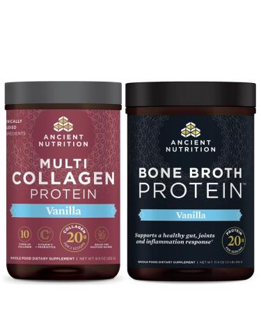 Ancient Nutrition Multi Collagen Protein Powder Vanilla 24 Servings + Bone Broth Protein Powder Vanilla 20 Servings