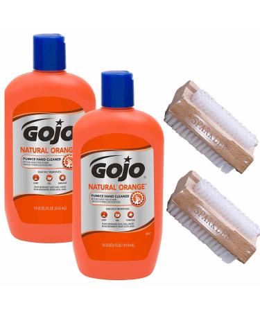 Gojo Soap Natural Orange Pumice Hand Cleaner Heavy Duty Cleaner Citrus Scented Scrub  2 Bottles 14 OZ each  Total of 28 Oz.  with 2 compatible Sparklen Wooden Nail Brushes