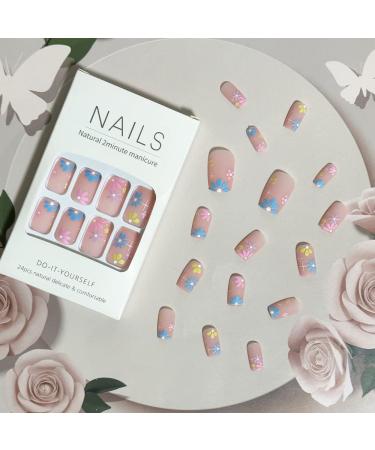 Spring Square Press on Nails - Pink False Nails with Floral Designs - 24PCS - Buy Online on GoSupps.com
