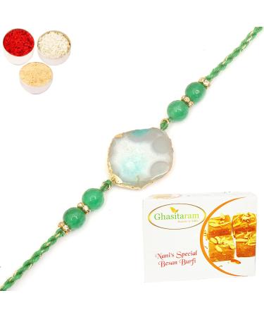 Ghasitaram Gifts Rakhi for Brother Rakhis Online - RM591 - Blue Stone Bracelet Rakhi with 200 GMS of Besan Barfi