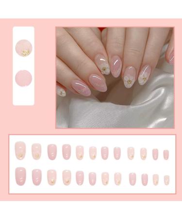 Justotry 24-Piece Glossy Nude Almond Press-On Nails | Flower Design & French Tip Art | Short Medium Artificial Nails for Women - Buy Online on GoSupps.com
