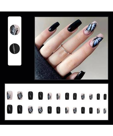 FURUBETA Medium Black Butterfly False Nails | Coffin Acrylic Press on Nails for Women and Girls - 24PCS - Buy Online on GoSupps.com