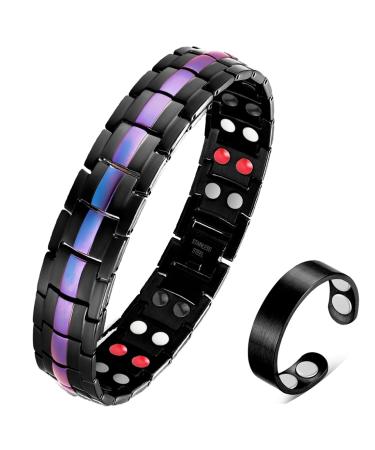 Vicmag Men Magnetic Bracelets Titanium Steel Magnet Bracelet Ultra Strength Double Row 3500 Gauss Wristband Brazaletes with Adjustment Tool & Jewelry Gift Box (Purple Line 4 Elements)