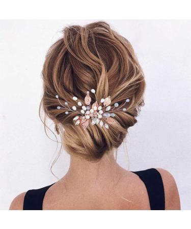 YBSHIN Bride Wedding Hair Combs Silver Crystal Blue Hair Bands Beaded Headpieces Leaves Bridal Hair Accessories for Women and Girls (B-Rose Glod)