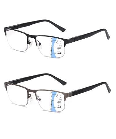Missfive 2 Pack Mens Quality Progressive Multifocus Reading Glasses Blue Light Blocking Man Spring Hinge No-Line Multifocal Readers Half Frame Metal Eyeglasses (Workspace For Near Range 2.5x) Multifocus/ 1 Black+1 Gunmetal 2.5 x
