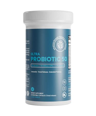 Prebiotics & Probiotics 50 Billion CFU for Women & Men - Time-Release Bifidobacterium Lactobacilli Probiotics for Digestive Health Bloating Relief USA-Made Kosher Live Probiotics with Sunfibre FOS 30 Count (Pack of 1)