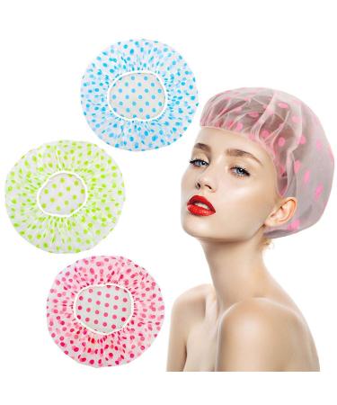 Shower Caps 3 Packs Waterproof Shower Cap for Women Reusable Shower Hat Bath Caps with Elastic Band Large Plastic Long Hair Environmental Protection Hats for Ladies Girls Kids Spa Salon