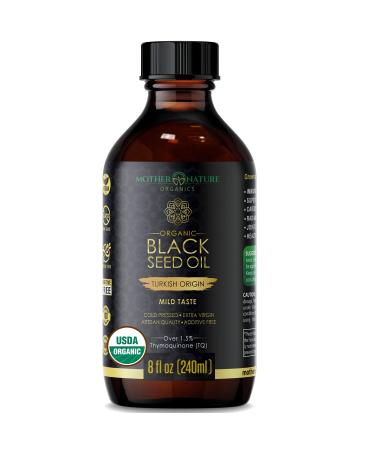 Mother Nature Organics Black Seed Oil - Organic Cold-Pressed Cumin Nigella Sativa for Immunity, Digestion, Joint Health & More - Non-GMO Blackseed Oil, High Thymoquinon - Omega 3, 6, 9 - (8 oz.)