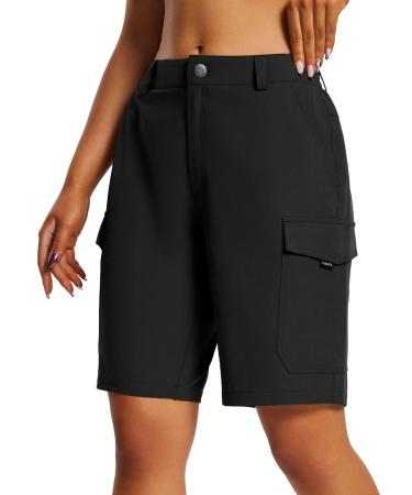 BALEAF Women's Long Hiking Shorts 10" Cargo Short Summer Quick Dry Bermuda with Pockets UPF 50+ Water Resistant Black X-Large