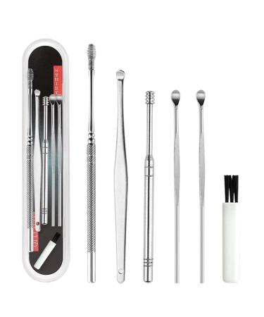 Ear Wax Removal Kit Stainless Steel Ear Pick Earwax Cleaning Tool 6 Pcs Portable Fashion Ear Wax Cleaning Tool Ear Picker Ear Pick Earwax Cleaner Set for Kid And Adult (Sliver)