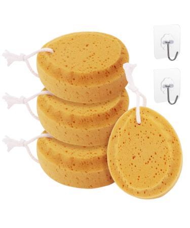 Bath Sponge 4 PCS Exfoliating Shower Sponge Natural Sea Sponge with 2 PCS Adhesive Hooks for Adults and Kids Body Cleaning Supplies