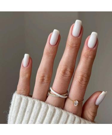 White French Tip Press on Nails Medium Length Square Fake Nails French False Nails Simple Designs Glossy Artificial Stick on Nails for Women Girls Manicure Tips Decorations 24pcs