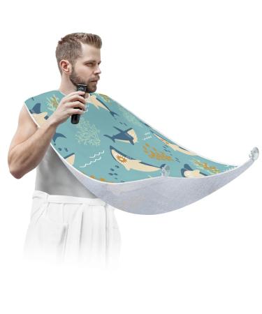 Shark Pattern Beard Bib Apron Beard Bib Hair Catcher for Men Shaving and Trimming Non-Stick Waterproof Beard Cape Grooming Cloth with 2 Suction Cups Gifts for Men