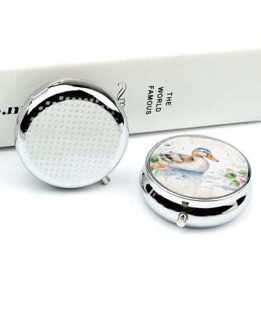 Round Watercolor Duck Print Pill Box - 3 Compartment Portable Medicine Organizer | Decorative Metal Pocket Pill Case - Buy Online on GoSupps.com