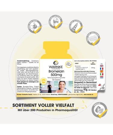 Bromelain 500mg - Natural Pineapple Enzyme | Vegan High Dose | 1200 F.I.P | Warnke Vital Substances | German Pharmacy Quality | 100 Tablets - Buy Online on GoSupps.com