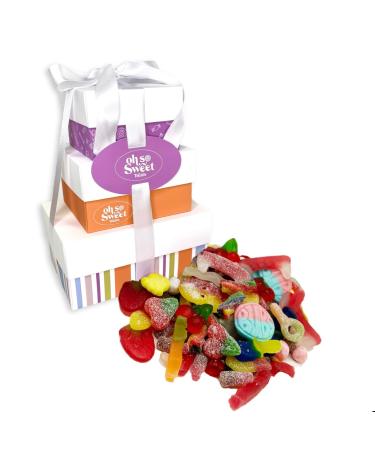 Tower of Sweets 2.5 KG Gift Hamper With Gummy Jelly Fizzy Chocolate Marshmallows Pencil and belts Sweeties Assortment Great For Sharing Or As A Gift