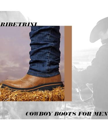 Ribetrini Men's Western Cowboy Work Boots - Square Toe Pull On Chunky Heel Platform Mid Calf Yellow Boots (Size 9.5) - Buy Online on GoSupps.com