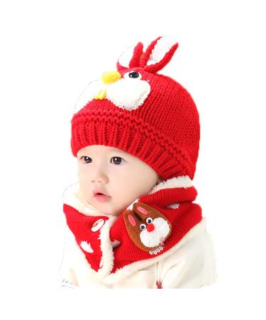 Baby Winter Warm Hat Scarf Set Thermal Knitted Beanie Hat And Circle Scarf Snood Neck Warmer Cute Bunny Boys Girls Beanie Hat And Scarf Set Fleece Lined For Infant Kids Toddler Children 6-36 Months Red