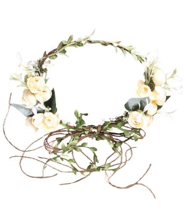 Flower Crown Headband Rose Wreath Garland Hair Bands Floral Wedding Bridal Hair Hoop Women Ladies Leaf Vine Party Decoration Headdress Headwear Christmas Handmade Headpiece Hair Accessories White White Tone with Leaf