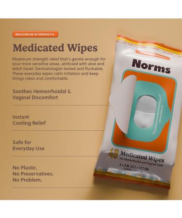 Norms Medicated Hemorrhoid Wipes with Witch Hazel and Aloe Soothing Flushable Wipes for Itching Burning & Swelling Relief Hypoallergenic & Fragrance Free - 48ct (Pack of 1) 48 Wipes (Pack of 1) - Buy Online on GoSupps.com