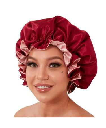 Silk Bonnet for Black Women  Satin Bonnet for Natural Hair Bonnets for Curly Hair Cap  Silk Hair Wrap for Sleeping Large Satin Hair Bonnet for Long Hair(Wine Red)