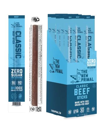 The New Primal Classic Beef Stick - (20 Pack) 1 oz Meat Stick - 100% Grass-Fed Beef Snack - Whole30 Approved, Certified Paleo, Certified Keto, and Gluten-Free Meat Snack with 6g of Protein Classic Beef 1 Ounce (Pack of 20)
