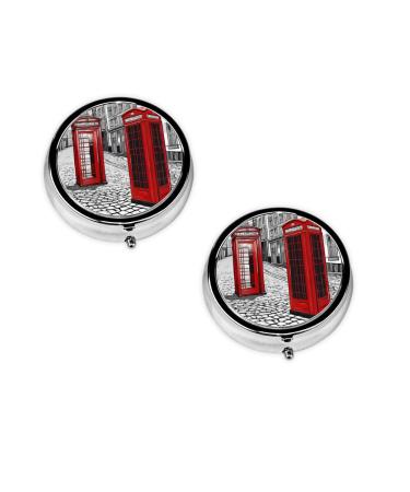 London Red Telephone Booth Printed Mini Round Pill Box Pill Box 3 Compartment Medicine Pill Case Pill Organizer Travel Pillbox Portable Pill Box for Pocket Home Office Use