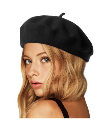Wheebo Wool Beret Hat,Solid Color French Style Winter Warm Cap for Women Girls Lady Black