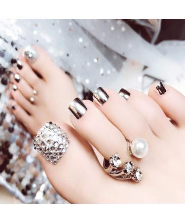 Sethexy 3D Bling Silver Shiny Fake Toenails - 24 Piece Complete Cover Short Square Tips for Women & Girls | Perfect for Weddings & Street Style - Buy Online on GoSupps.com