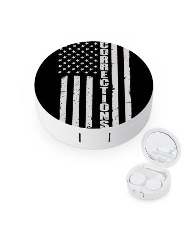 Thin Silver Line Flag Corrections Officer Supporter Round Contact Lens Case Print Portable Contact Lens Box Kit with Mirror Cute